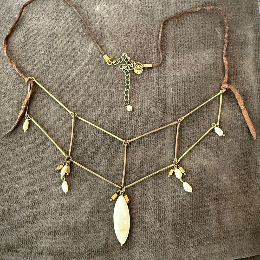 Rare Anthropologie X L&F Leather Freshwater Mother Of Pearls Goldtone Necklace